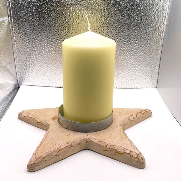 Star Shaped Distressed Wood-Like Candle Holder & Large Candle - Picture 10 of 16